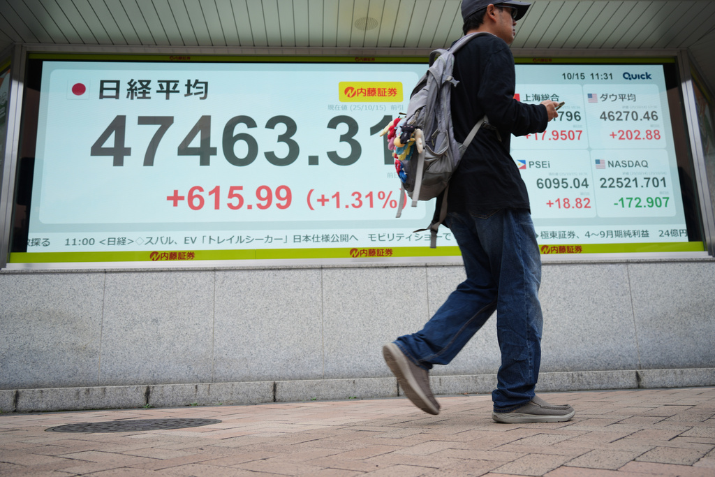 A person walks in front of an electronic stock board showing Japan's Nikkei index at a securities firm Wednesday, Oct. 15, 2025, in Tokyo. (AP Photo/Eugene Hoshiko)