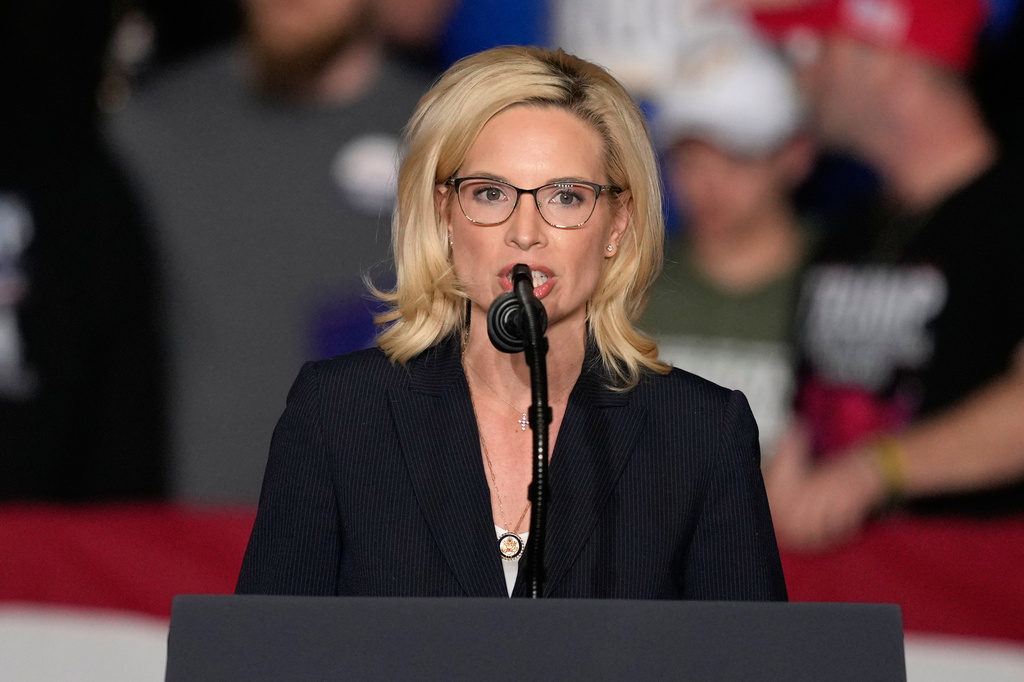 FILE - Rep. Ashley Hinson, R-Iowa, speaks before President Donald Trump arrives at a rally, Jan. 27, 2026, in Clive, Iowa. (AP Photo/Charlie Neibergall, File)