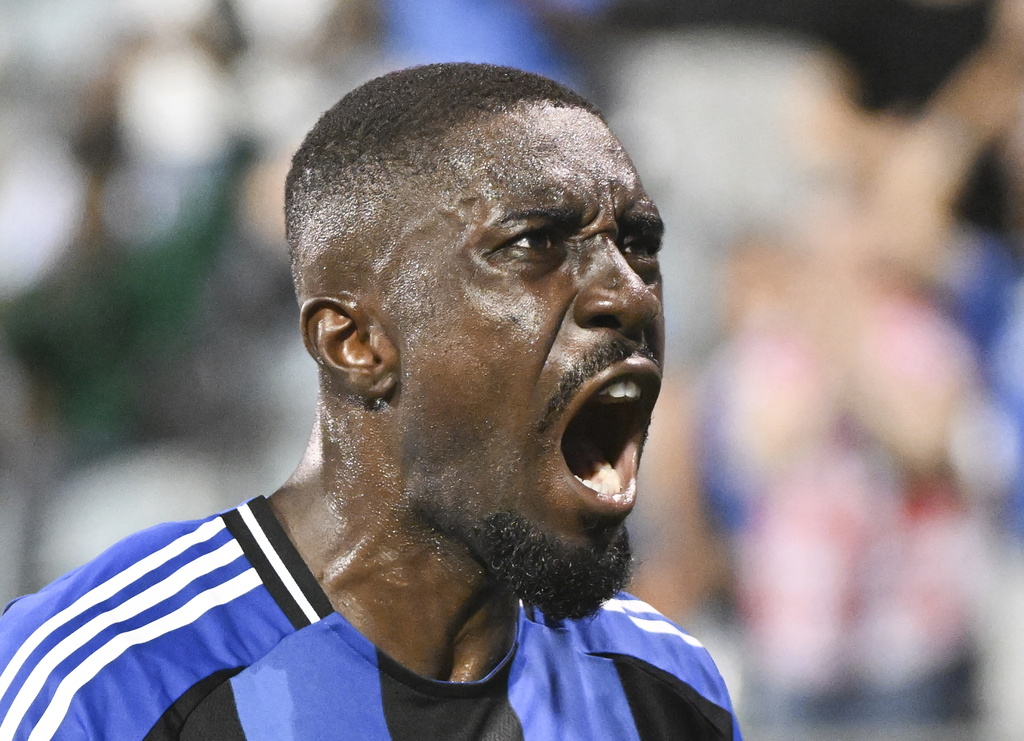 CF Montreal's Prince Owusu celebrates after scoring against Austin FC during second-half MLS soccer match action in Montreal, Saturday, Aug. 23, 2025. (Graham Hughes/The Canadian Press via AP)