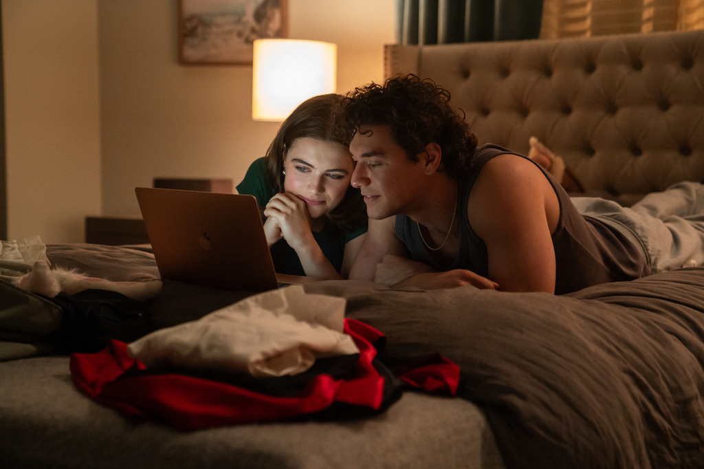 This image released by Prime shows Ella Bright, left, and Belmont Cameli in a scene from "Off-Campus." (Liane Hentscher/Prime via AP)