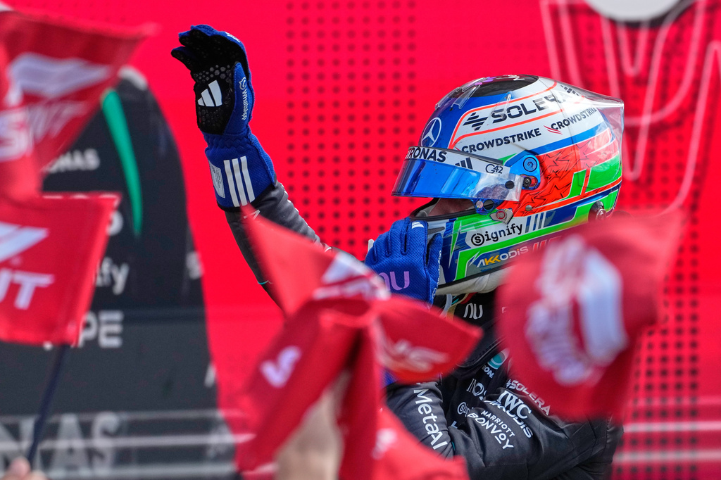 Mercedes driver Andrea Kimi Antonelli of Italy celebrates after winning the sprint race at the British F1 Grand Prix, in Silverstone, England, Saturday, July 4, 2026. (AP Photo/Darko Bandic)