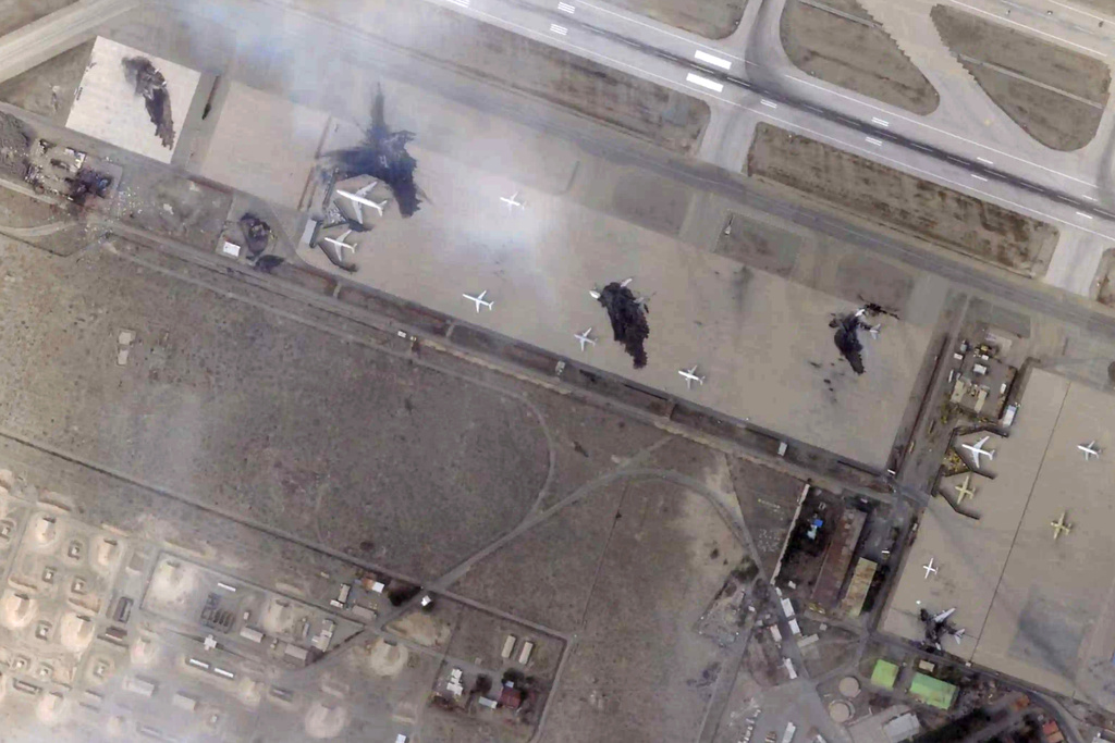 This satellite image from Planet Labs PBC shows damage after airstrikes targeting Mehrabad International Airport in Tehran, Iran, March 7, 2026. (Planet Labs PBC via AP)