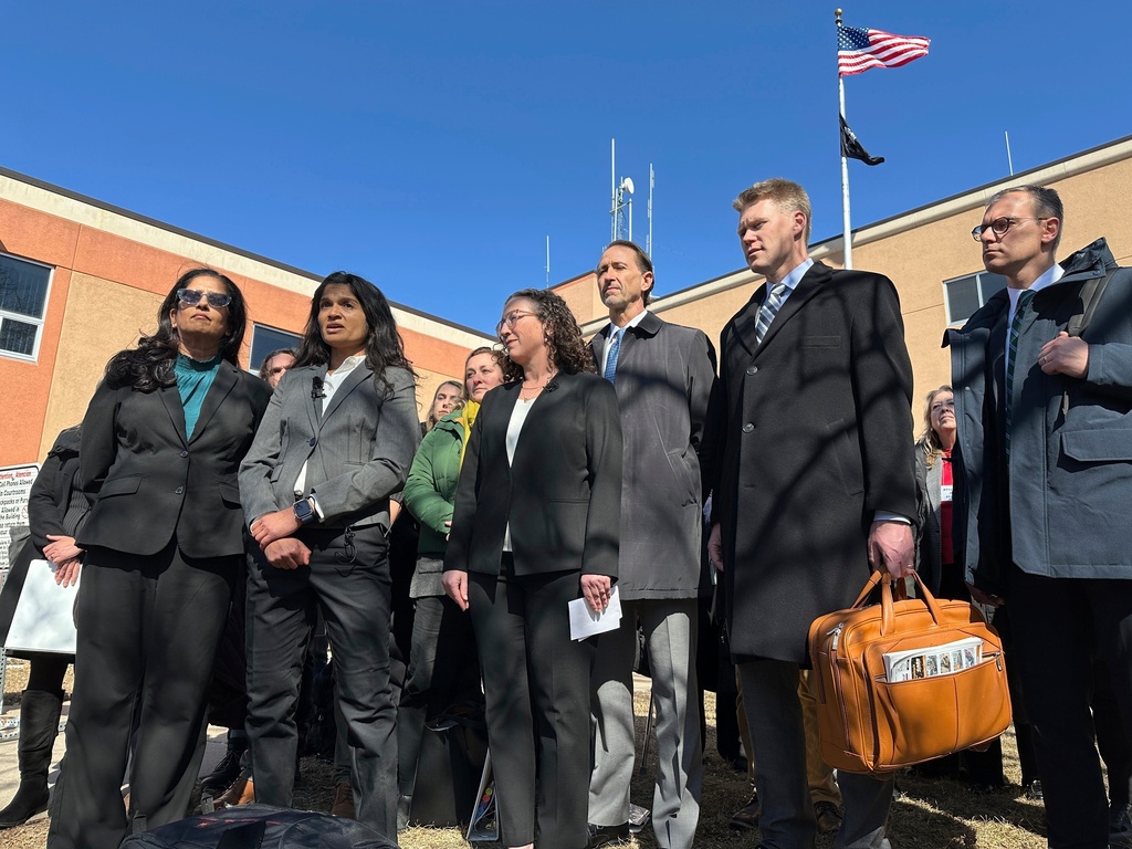 FILE - Greenpeace representatives talk with reporters outside the Morton County Courthouse March 19, 2025, in Mandan, N.D. From left are Greenpeace USA Interim Executive Director Sushma Raman, Greenpeace USA Senior Legal Adviser Deepa Padmanabha, Greenpeace International General Counsel Kristin Casper, Greenpeace USA attorney Everett Jack Jr., Greenpeace Fund Inc. attorney Matt Kelly and Greenpeace USA Associate General Counsel Jay Meisel. (AP Photo/Jack Dura, File)
