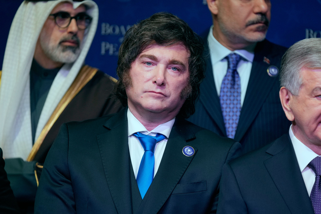 Argentina's President Javier Milei is seen during a Board of Peace meeting at the U.S. Institute of Peace, Thursday, Feb. 19, 2026, in Washington. (AP Photo/Mark Schiefelbein)