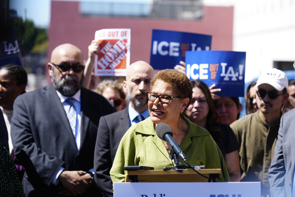 Mayor Karen Bass speaks during a press conference in reaction to the Supreme Court's decision that clears the way for sweeping immigration operations in Los Angeles to continue on Monday, Sept. 8, 2025, in Los Angeles. (AP Photo/Damian Dovarganes)