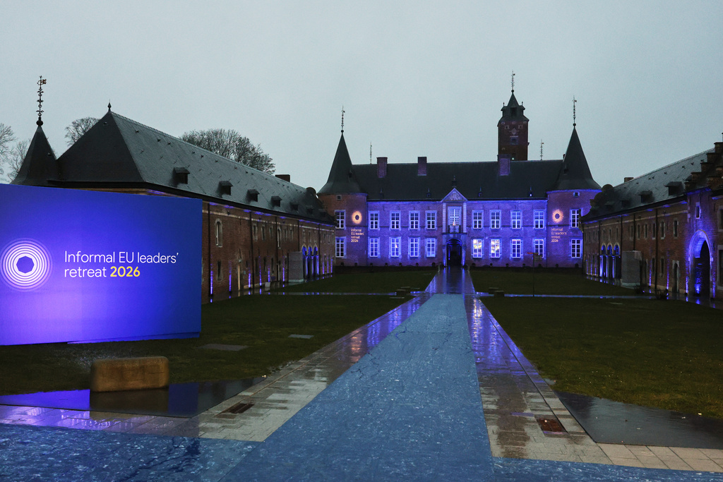 Blue lights light up the venue for the EU summit at the Alden Biesen Castle domain in Bilzen-Hoeselt, Belgium, Thursday, Feb. 12, 2026. (AP Photo/Omar Havana)
