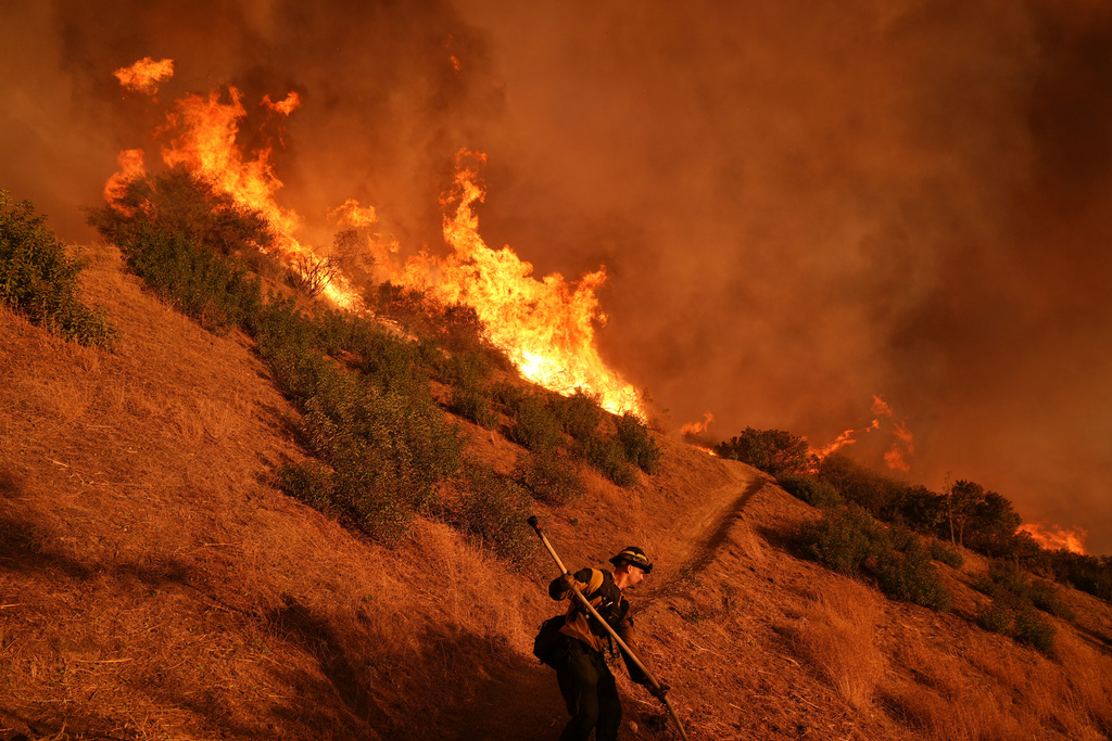 FILE - A firefighter battles the Palisades Fire in Mandeville Canyon, Jan. 11, 2025, in Los Angeles. (AP Photo/Jae C. Hong, File)
