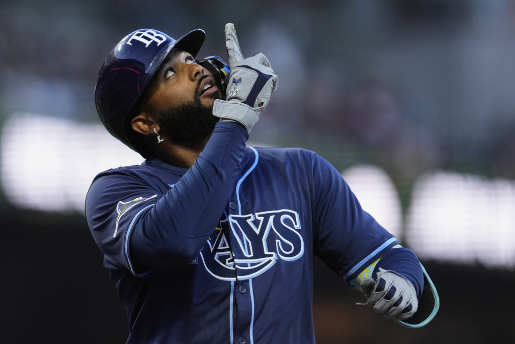 Tampa Bay Rays' Junior Caminero celebrates after hitting a solo home run during the second inning of a baseball game against the San Francisco Giants, Friday, Aug. 15, 2025, in San Francisco. (AP Photo/Godofredo A. Vásquez)