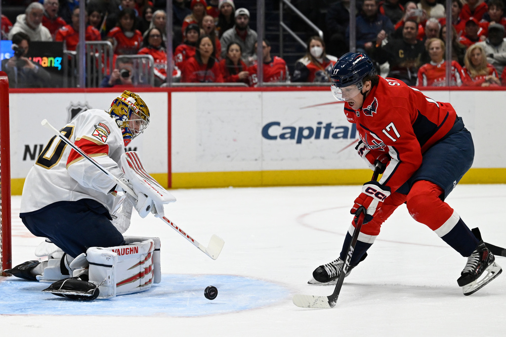Florida Panthers goaltender Daniil Tarasov blocks the shot of Washington Capitals center Dylan Strome (17) during the first period of an NHL hockey game, Saturday, Jan. 17, 2026, in Washington. (AP Photo/John McDonnell)