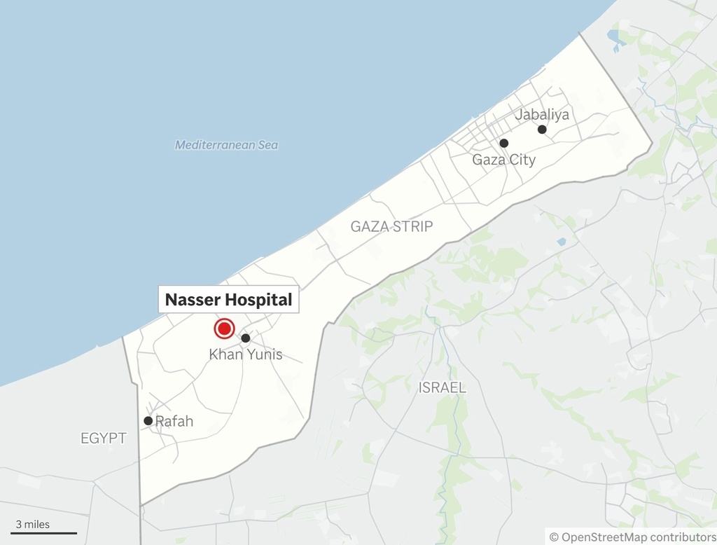 This map shows the location of Nasser Hospital in Gaza. On Monday, an Israeli strike on the hospital killed at least 20 people, including five journalists. (AP Digital Embed)