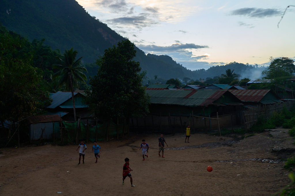 Children play soccer at the Mae La refugee camp in the Tak province of Thailand, Friday, Aug. 29, 2025. (AP Photo/Bram Janssen)