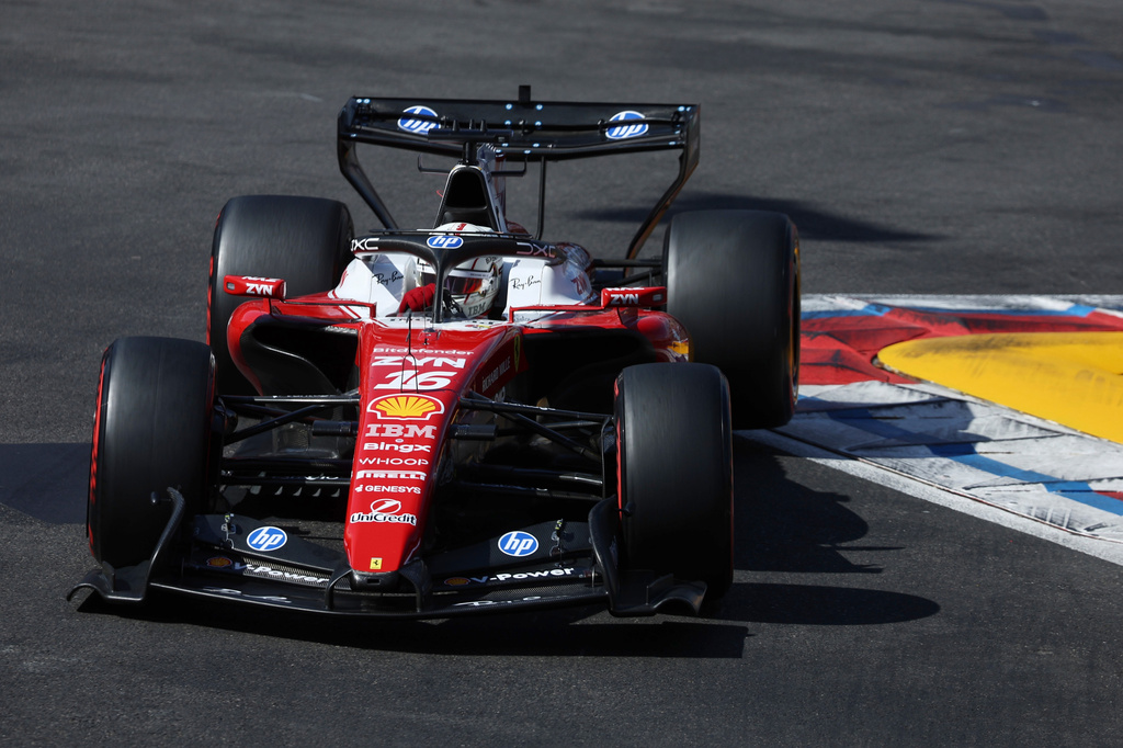 Ferrari driver Charles Leclerc of Monaco steers his car during the qualifying session for the Monaco F1 Grand Prix, at the Monaco racetrack, Saturday, June 6, 2026. (AP Photo/Jakub Porzycki/Pool via AP)