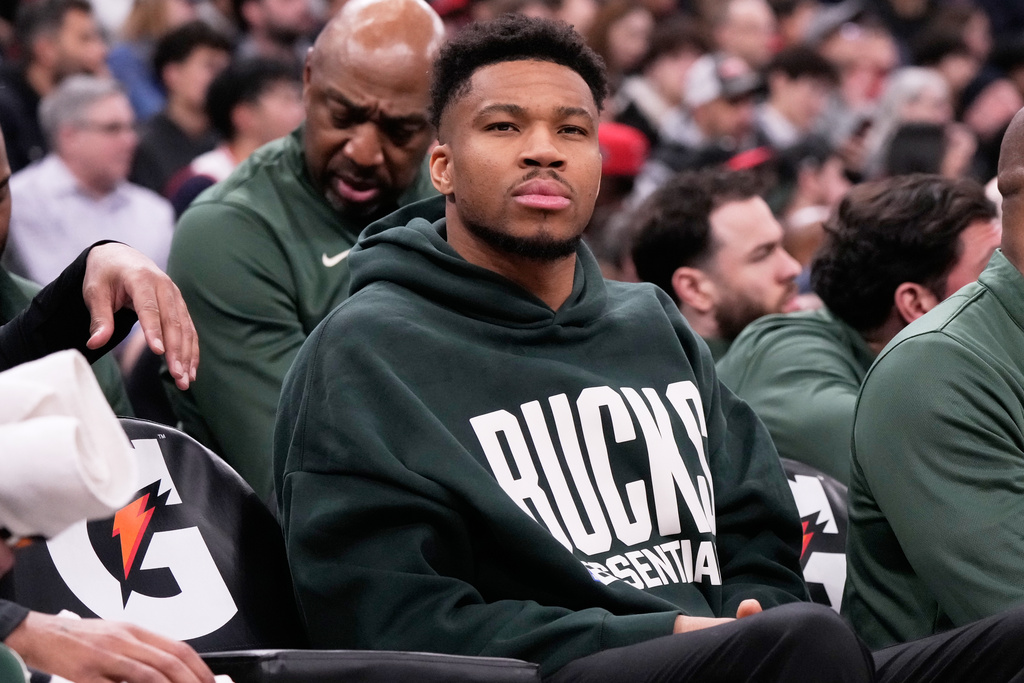 Milwaukee Bucks forward Giannis Antetokounmpo watches teammates during the first half of an NBA basketball game against the Chicago Bulls in Chicago, Sunday, March 1, 2026. (AP Photo/Nam Y. Huh)