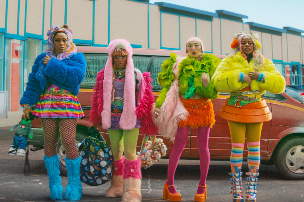 This image released by Neon shows, from left, Naomi Ackie, Taylour Paige, Poppy Liu and Keke Palmer in a scene from "I Love Boosters." (Neon via AP)