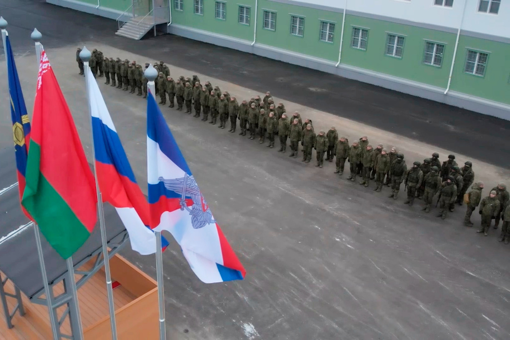 In this image made from video provided by Russian Defense Ministry Press Service on Monday, Dec. 29, 2025, Russian troops line up at a base in Belarus where the Oreshnik missile system was deployed in Belarus. (Russian Defense Ministry Press Service via AP)
