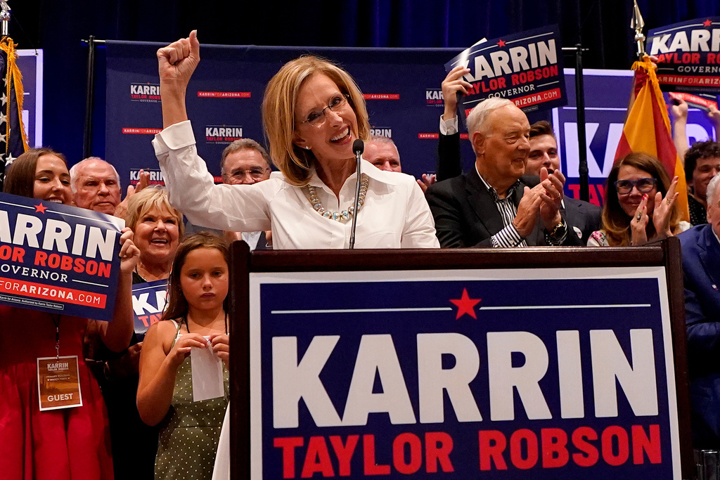 FILE - Republican Arizona Gubernatorial candidate Karrin Taylor Robson speaks to supporters at a campaign party, Aug. 2, 2022, in Phoenix. (AP Photo/Matt York, File)