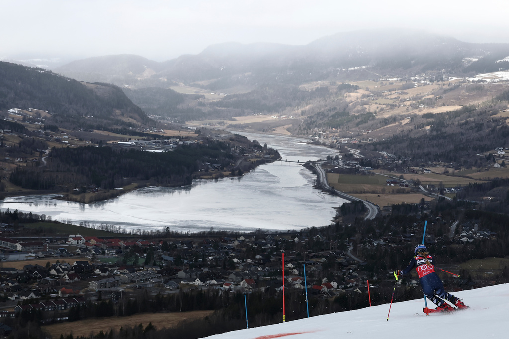 United States' Mikaela Shiffrin competes in an alpine ski, women's slalom race, at the Lillehammer World Cup Finals, in Hafjell, Norway, Tuesday, March 24, 2026. (AP Photo/Gabriele Facciotti)
