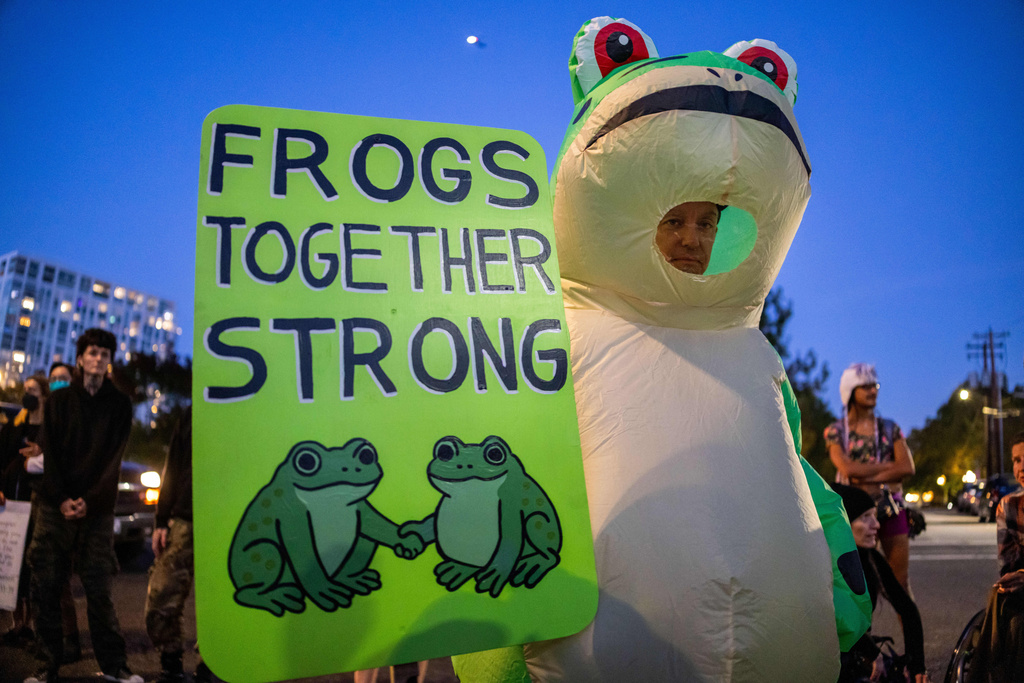 A demonstrator wearing a frog costume stands outside a U.S. Immigration and Customs Enforcement facility on Tuesday, Oct. 7, 2025, in Portland, Ore. (AP Photo/Ethan Swope)