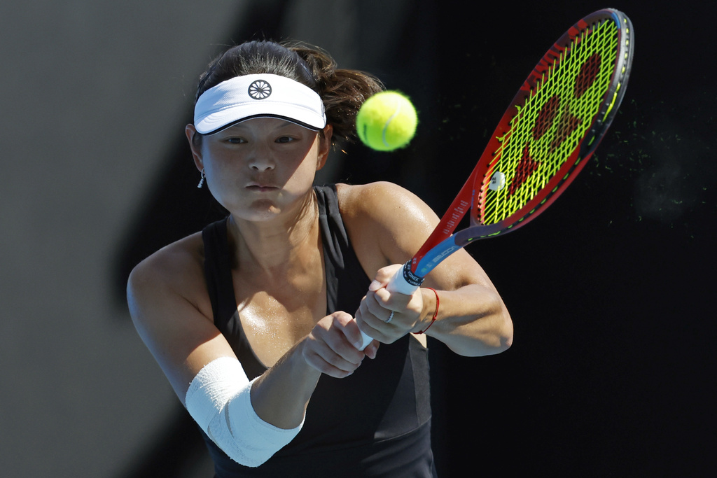 FILE - Arianne Hartono, of the Netherlands, plays a backhand return to Shelby Rogers of the United States, during their first round match at the Australian Open tennis championship in Melbourne, Australia, Tuesday, Jan. 17, 2023. (AP Photo/Asanka Brendon Ratnayake, File)