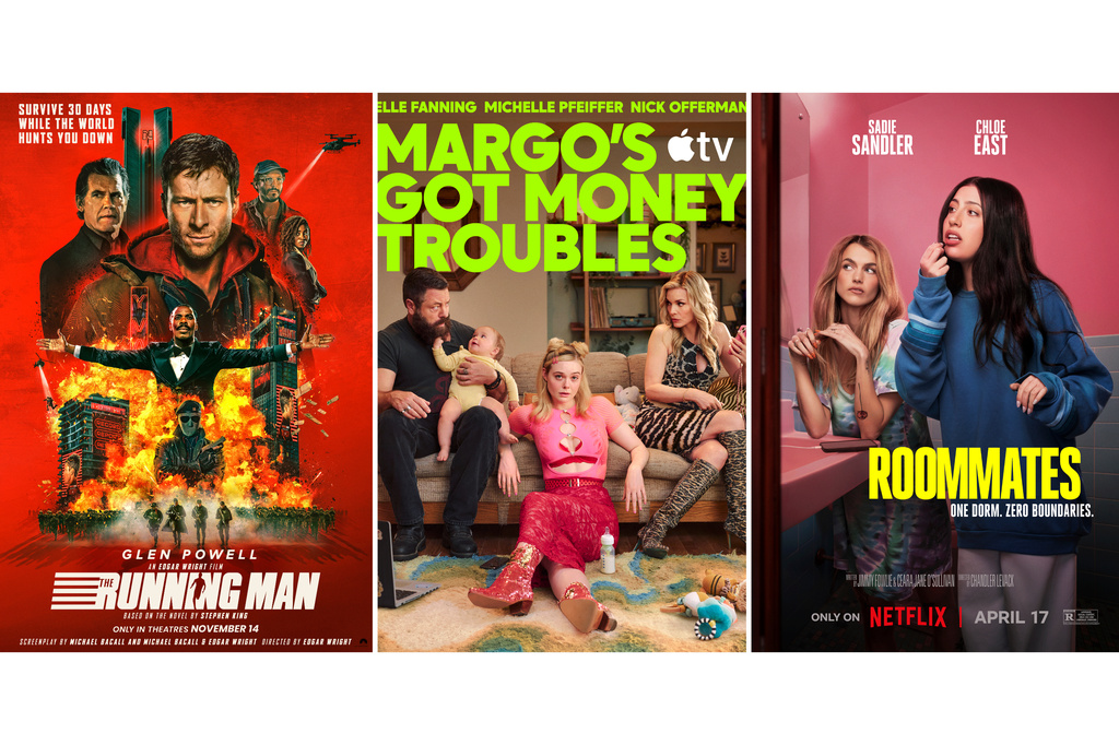 This combination of images show promotional art for the film "The Running Man," lwdt, the series "Margo's Got Money Troubles," center, and the film "Roommates." (Paramount/Apple TV/Netflix via AP)