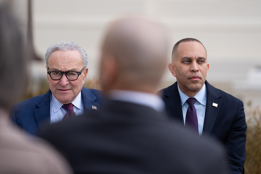 Sen. Chuck Schumer, D-N.Y., and Rep. Hakeem Jeffries, D-N.Y., attend an event marking the installation of a plaque commemorating Jan. 6 at the U.S. Capitol on Wednesday, March 25, 2026, in Washington. (AP Photo/Allison Robbert)