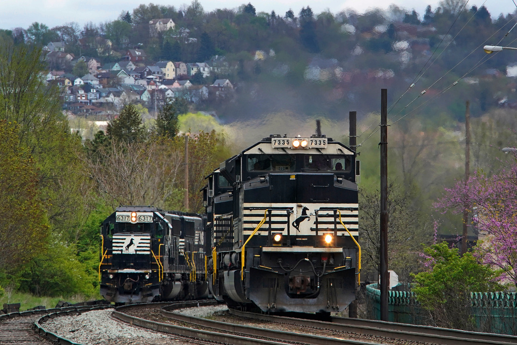 FILE - A Norfolk Southern freight train passes a train on a siding as it approaches a crossing in Homestead, Pa, April 27, 2022. (AP Photo/Gene J. Puskar, File)