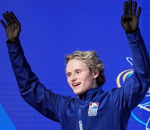 FILE - Ilia Malinin, of the United States, reacts after performing during the men's free skating program at the figure skating world championships, March 29, 2025, in Boston. (AP Photo/Charles Krupa) FILE - Ilia Malinin, of the United States, reacts after performing during the men's free skating program at the figure skating world championships, March 29, 2025, in Boston. (AP Photo/Charles Krupa)