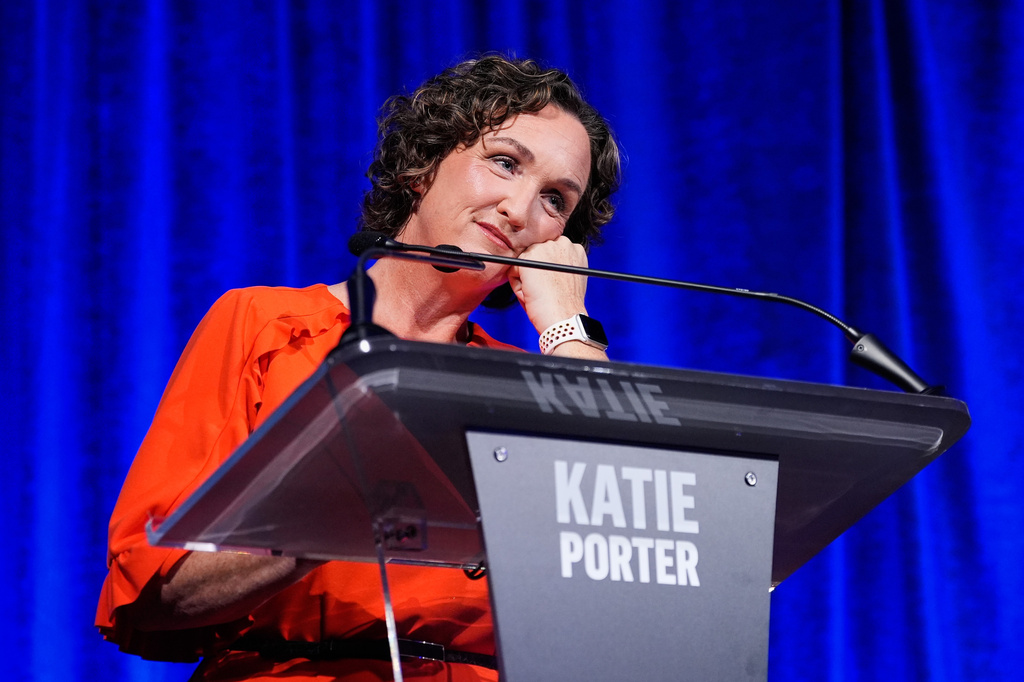 Katie Porter waits for her turn to speak during a California gubernatorial debate hosted by CBS Bay Area and the San Francisco Examiner in San Francisco, Thursday, May 14, 2026. (AP Photo/Godofredo A. Vásquez, Pool)