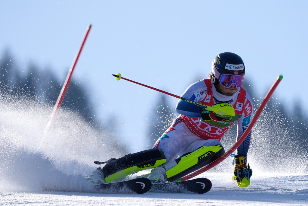 Norway's Atle Lie McGrath competes in an alpine ski, men's World Cup slalom, in Kranjska Gora, Slovenia, Sunday, March 8, 2026. (AP Photo/Giovanni Auletta)