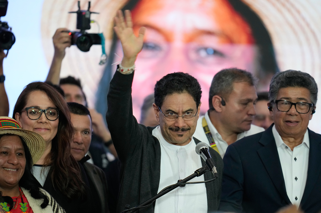 Presidential candidate Ivan Cepeda of the ruling Historic Pact coalition addresses supporters after advancing to a runoff election in second place in Bogota, Colombia, Sunday, May 31, 2026. (AP Photo/Matias Delacroix)