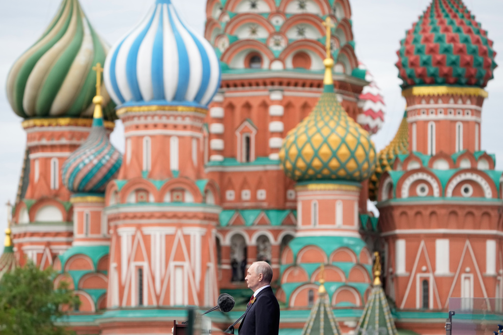 Russian President Vladimir Putin speaks during the Victory Day military parade in Moscow, Saturday, May 9, 2026, during celebrations of the 81st anniversary of the Soviet Union's victory over Nazi Germany during the World War II. (AP Photo/Pavel Bednyakov, Pool)
