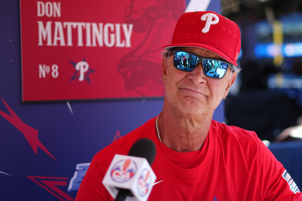 Philadelphia Phillies interim manager Don Mattingly speaks with members of the media during the MLB baseball All-Star Week, Monday, July 13, 2026, in Philadelphia. (AP Photo/Matt Rourke)