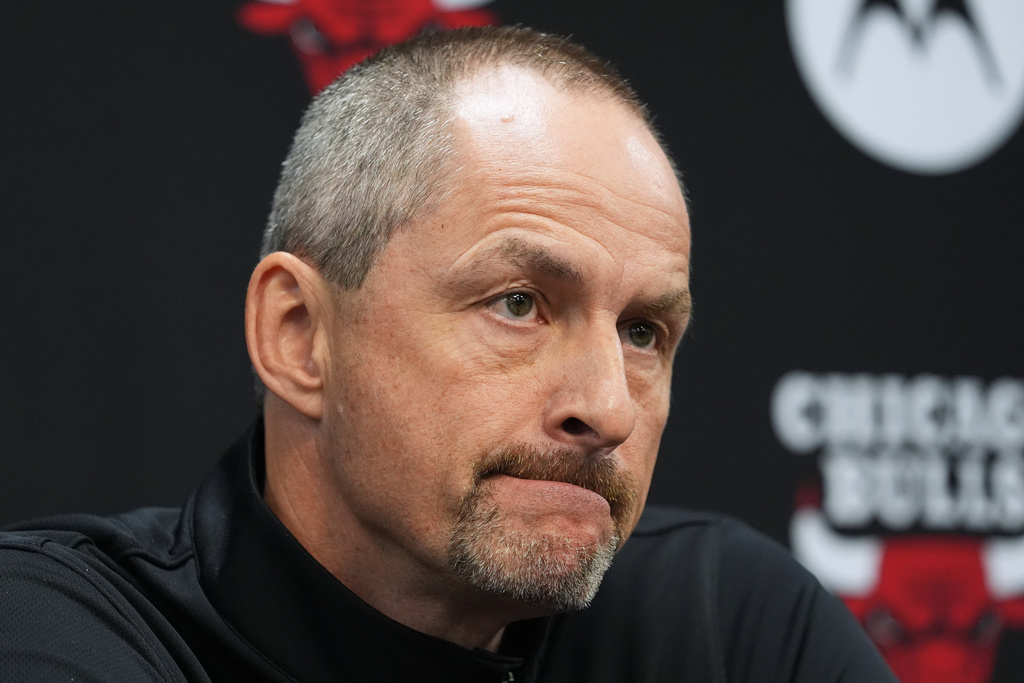 Chicago Bulls Executive Vice President, Basketball Operations Artūras Karni&scaron;ovas talks to media at a news conference during the team's NBA basketball media day in Chicago, Monday, Sept. 29, 2025. (AP Photo/Nam Y. Huh)