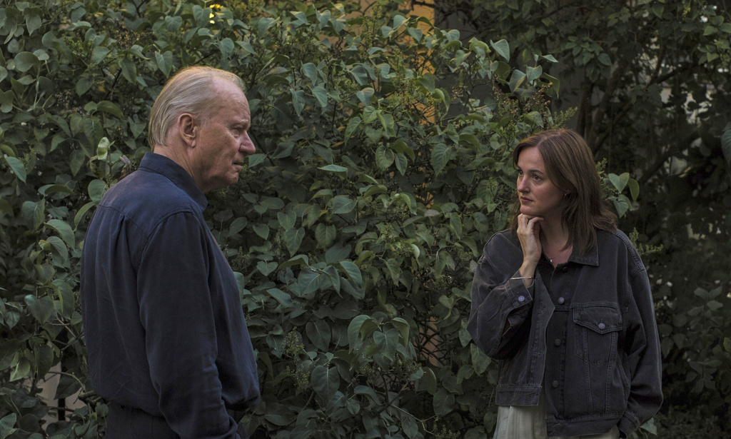 This image released by Neon shows Stellan Skarsgård, left, and Renate Reinsve in a scene from "Sentimental Value." (Christian Belgaux/Neon via AP)