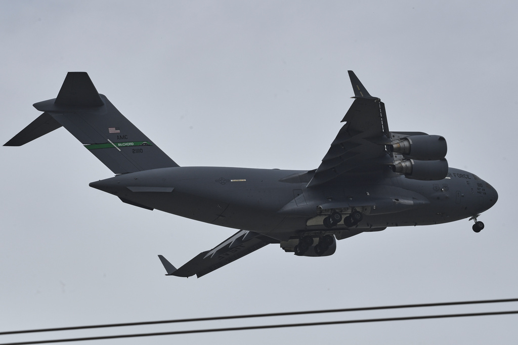 A U.S. Air Force Boeing C-17 Globemaster III transport aircraft prepares to land at Nur Khan airbase, ahead of second round of negotiations between the U.S. and Iran, in Rawalpindi, Pakistan, Monday, April 20, 2026. (AP Photo/Ehsan Shahzad)