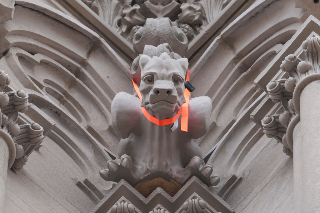 A general view of gargoyles being installed on the Cathedral Basilica of the Assumption, Thursday, Jan. 8, 2026, in Covington, Kentucky. (AP Photo/Jeff Dean)