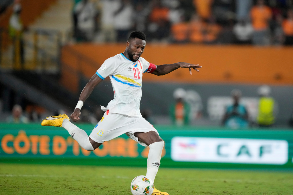 FILE - DR Congo's Chancel Mbemba kicks and misses a penalty shootout during the African Cup of Nations third place soccer match between South Africa and DR Congo, at the Felix Houphouet-Boigny in Abidjan, Ivory Coast, Saturday, Feb. 10, 2024. (AP Photo/Sunday Alamba, File)