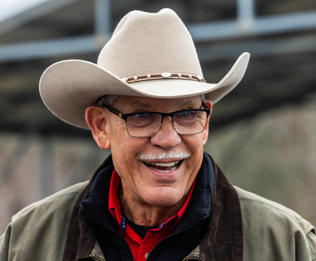 Sam Page, candidate for North Carolina State Senate, campaigns at the Rockingham County Agriculture Center in Reidsville, N.C., on Tuesday, March 3, 2026. (Woody Marshall/News & Record via AP)