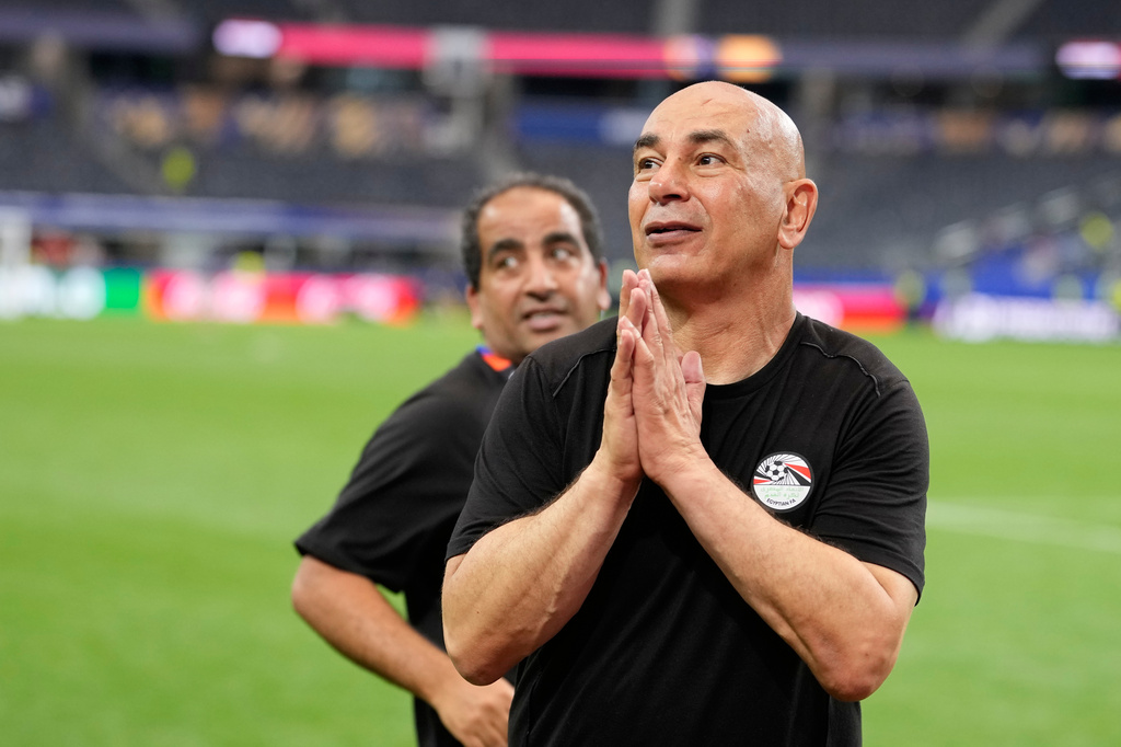 Egypt head coach Hossam Hassan reacts after winning a penalty shootout against Australia for the World Cup round of 32 soccer match in Arlington, Texas, near Dallas, Friday, July 3, 2026. (AP Photo/Tony Gutierrez)
