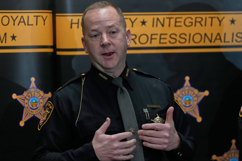 Medina County Sheriff Terry Grice speaks during a news conference concerning the arrests in connection with the Nov. 16 burglary at the home of Cleveland Browns quarterback Shedeur Sanders, Thursday, Jan. 8, 2026, in Medina, Ohio. (AP Photo/Sue Ogrocki)