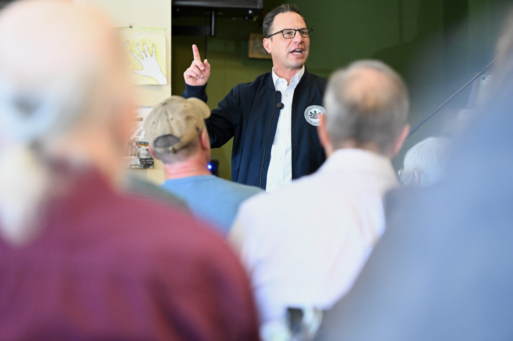 FILE - Pennsylvania Gov. Josh Shapiro speaks to the crowd at a Clinton County Democratic Party event at the Avenue 209 coffee shop, April 11, 2026, in Lock Haven, Pa. (AP Photo/Marc Levy, File)