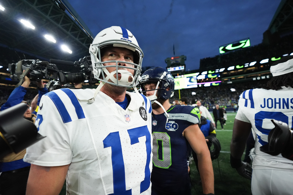 Indianapolis Colts quarterback Philip Rivers looks on after an NFL football game against the Seattle Seahawks, Sunday, Dec. 14, 2025, in Seattle. (AP Photo/Lindsey Wasson)