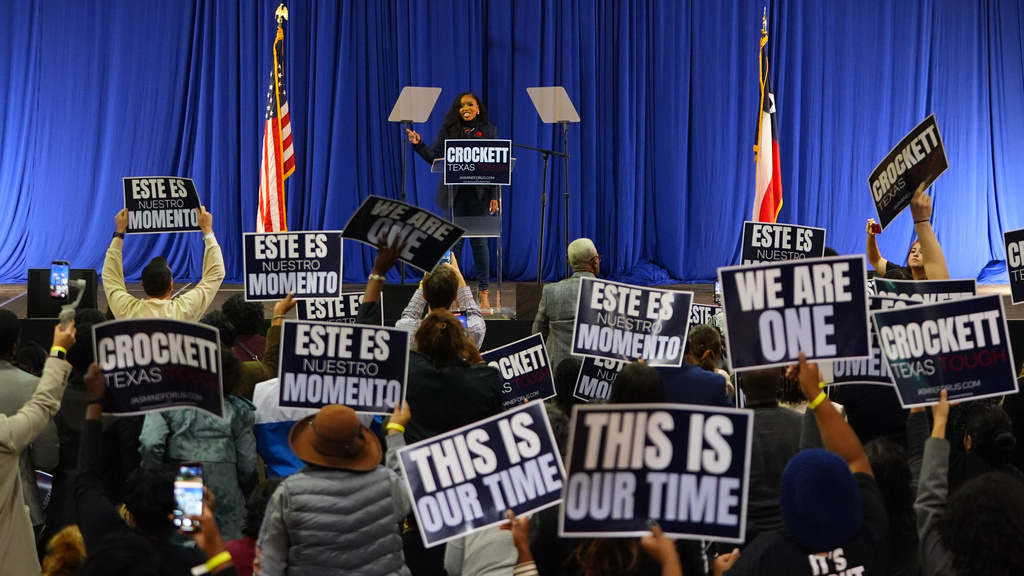 Rep. Jasmine Crockett, D-Texas, speaks to supporters after announcing her run in the Democratic primary for U.S. Senate, Monday, Dec. 8, 2025, in Dallas. (AP Photo/LM Otero)