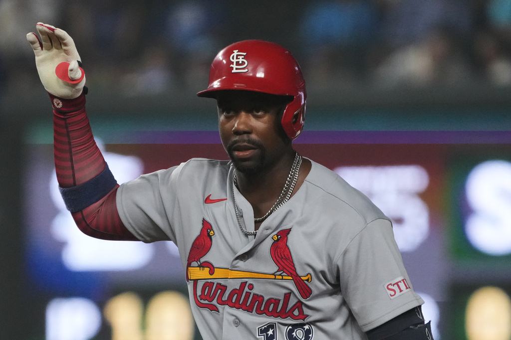 St. Louis Cardinals' Jordan Walker gestures after hitting a double against the Chicago Cubs during the eighth inning of a baseball game Saturday, July 4, 2026, in Chicago. (AP Photo/David Banks)