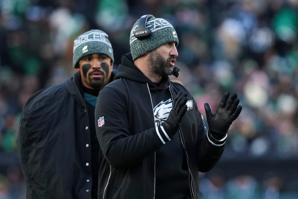 Philadelphia Eagles head coach Nick Sirianni stands on the sidelines during the first half of an NFL football game against the Chicago Bears, Friday, Nov. 28, 2025, in Philadelphia. (AP Photo/Matt Slocum)
