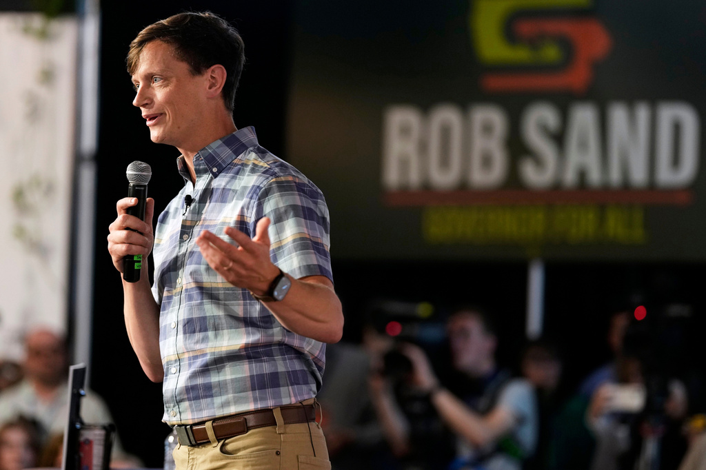 FILE - Iowa Democratic gubernatorial candidate Rob Sand speaks during a campaign rally, June 7, 2026, in Des Moines, Iowa. (AP Photo/Charlie Neibergall, File)