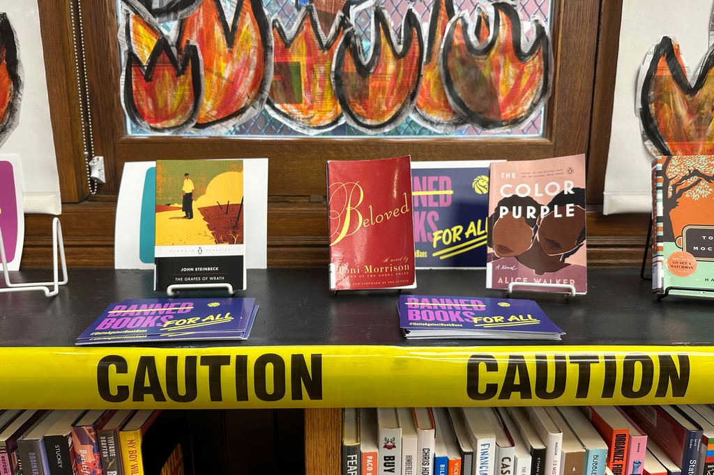 FILE - A Banned Books Week display stands at the Mott Haven branch of the New York Public Library in the Bronx borough of New York City, Oct. 7, 2023. (AP Photo/Ted Shaffrey, File)