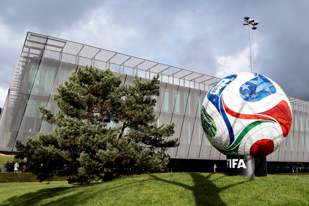Trionda, a giant replica of the official ball for the FIFA Wold Cup 2026 is displayed in Zurich, Switzerland, Thursday, Nov. 20, 2025. (Claudio Thoma/Keystone via AP)