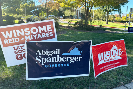 Campaign signs for Virginia gubernatorial nominees Democrat Abigail Spanberger and Republican Winsome Earle-Sears are on display outside City Hall in Fairfax, Va., Friday, Oct. 17, 2025. (AP Photo/Robert Yoon) Campaign signs for Virginia gubernatorial nominees Democrat Abigail Spanberger and Republican Winsome Earle-Sears are on display outside City Hall in Fairfax, Va., Friday, Oct. 17, 2025. (AP Photo/Robert Yoon)