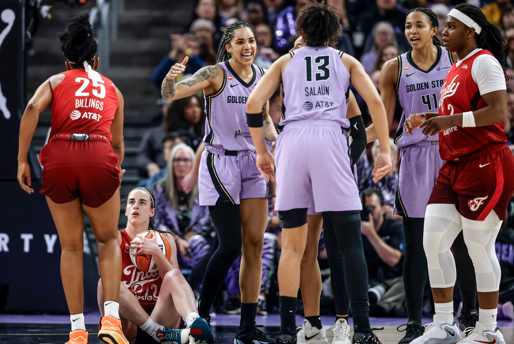 The Golden State Valkyries celebrate a turnover by the Indiana Fever during the first half of a WNBA basketball game in San Francisco on Thursday, May 28, 2026. (Carlos Avila Gonzalez/San Francisco Chronicle via AP)